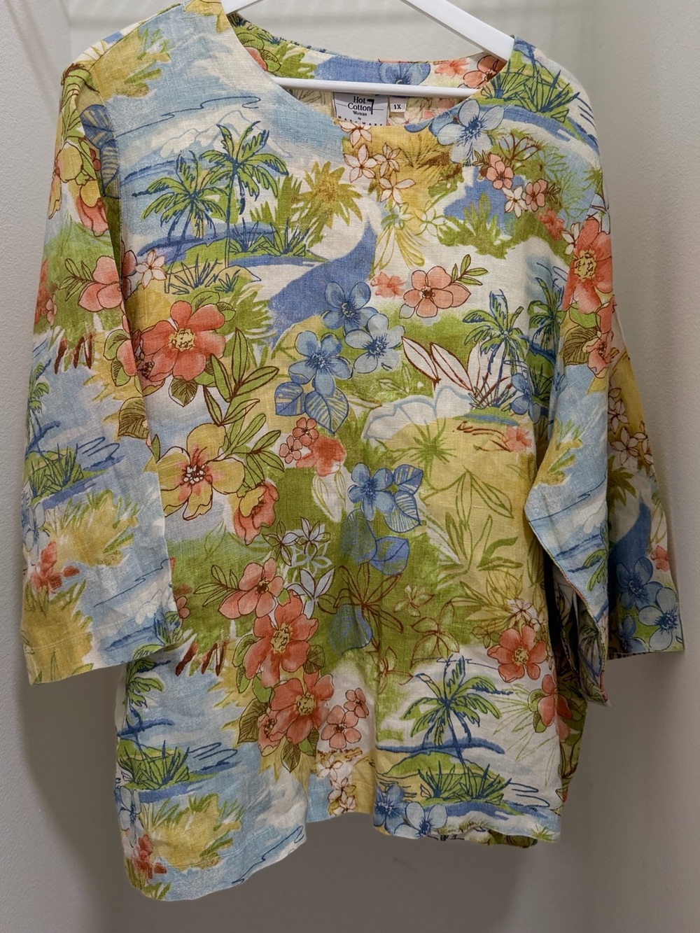 100% Linen Hot Cotton Tropical Floral Boatneck Tunic - Blue Green Coral